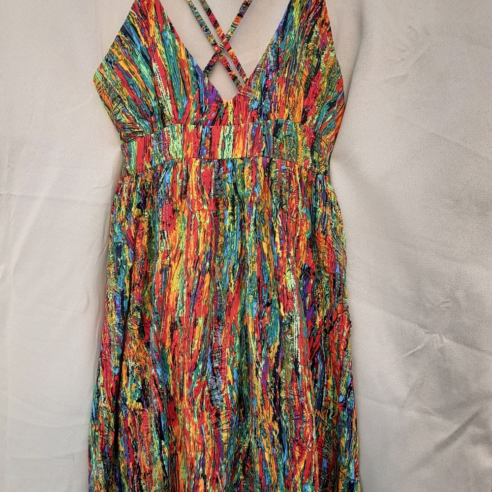Sundress multicolor with under slip size S mid-length above-the-knee